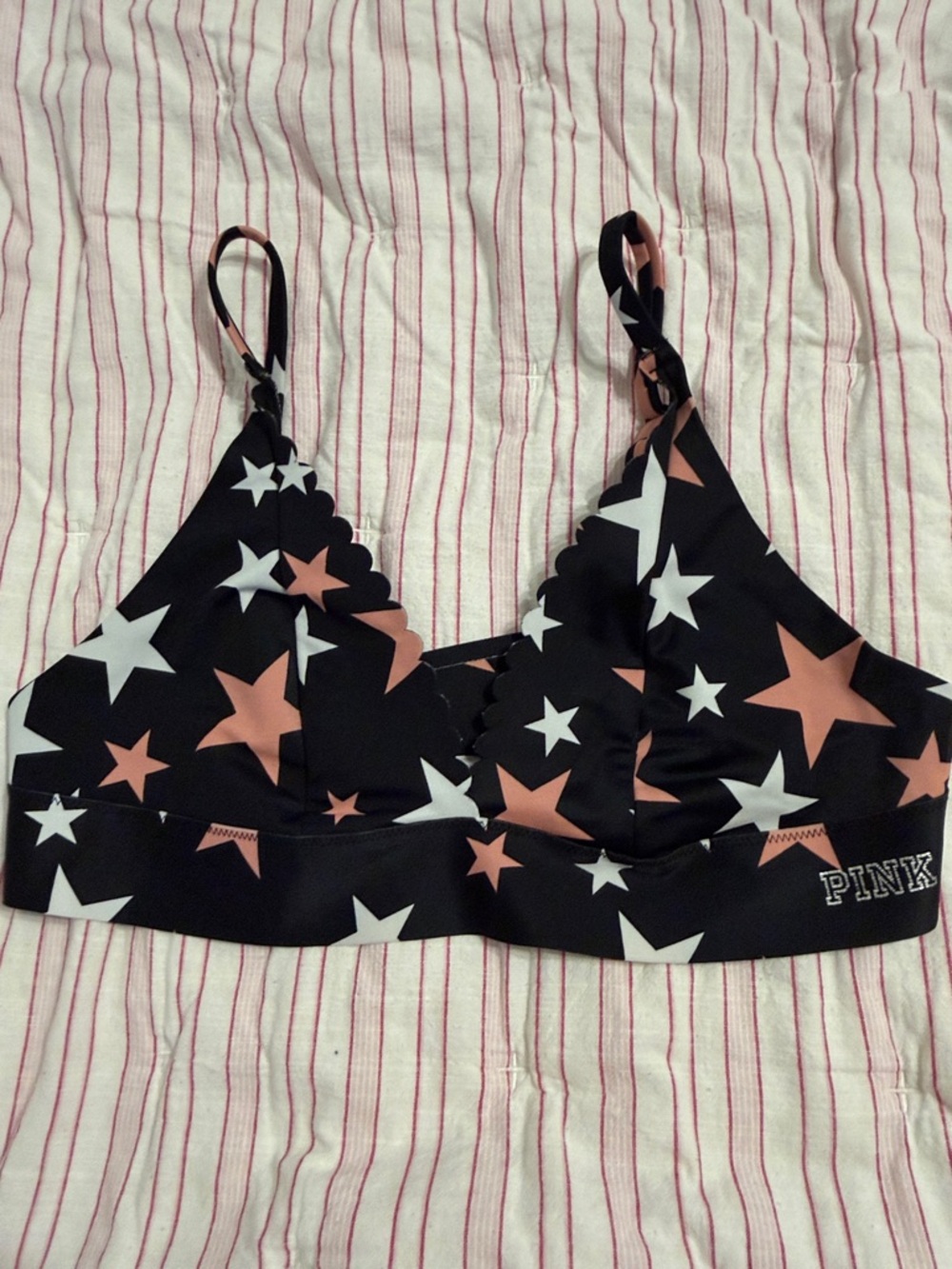 PINK Victoria's Secret Black Bralette with Pink and White Stars large